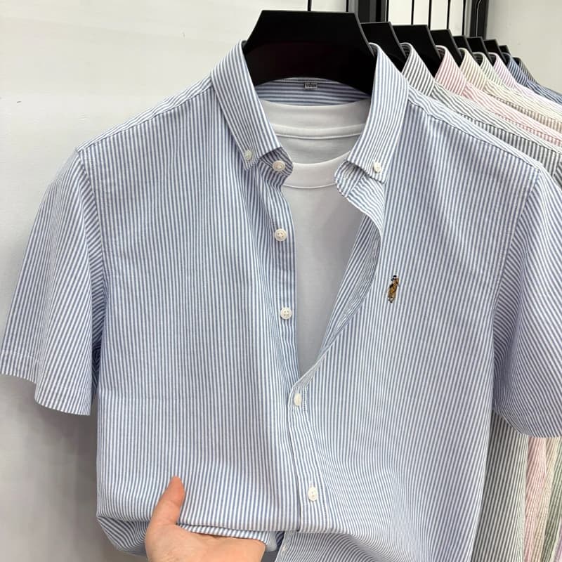 High End Brand Embroidered Striped Shirt Men's Short Sleeved Lapel Business