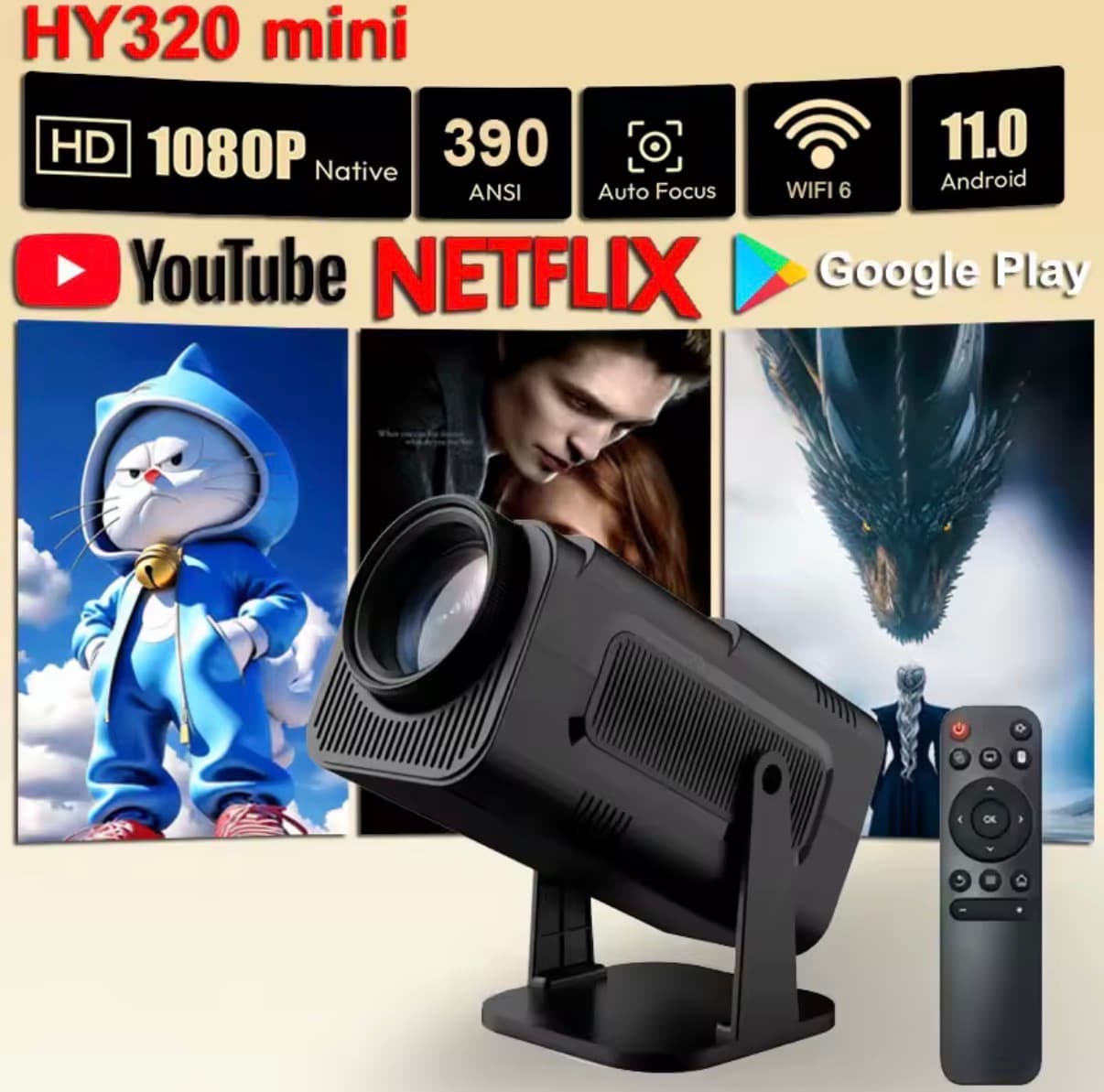 FOCABO 4K Android 11 Projector Native 1080P 390ANSI HY320 Dual Wifi6 BT5.0 1920*1080P Cinema portable Projetor upgrated