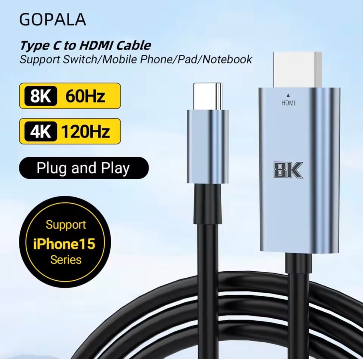Type C to HDMI Cable 8k@60Hz 4K@120Hz USB C to HDMI-Compatible HDTV Cable Adapter for TV Converter MacBook iPad iPhone Samsung