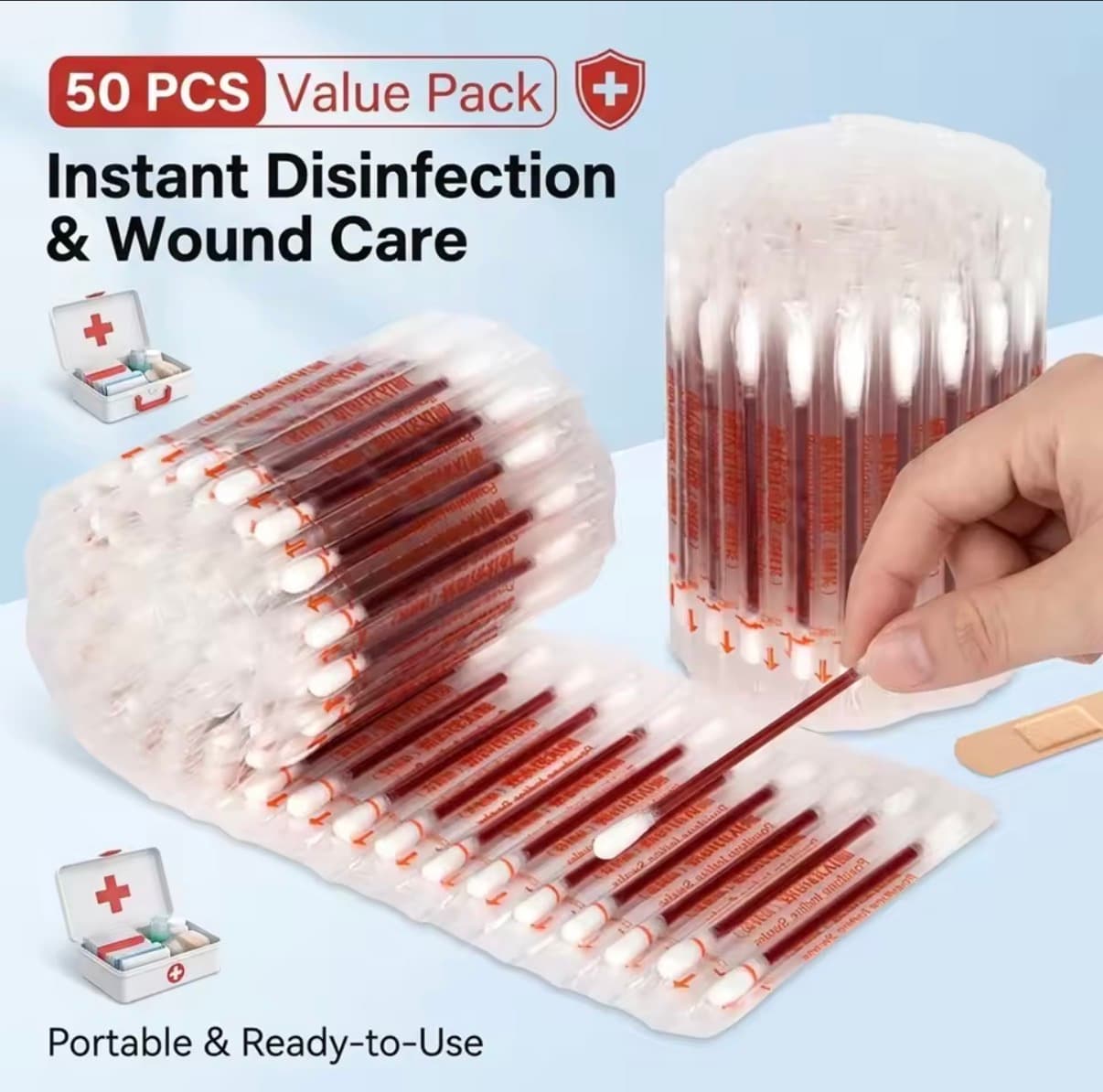50Pcs Sterile Medical Alcohol Iodine Cotton Swab Sticks Emergency First Aid Wound Care Disinfectant for Baby Infant Kids Adult