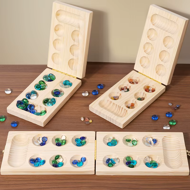 Mancala Board Game Set Family Games Multi Color Beads Ages 7+ Wooden Collapsible for Party Gift Adult Whole Family Boys Girls