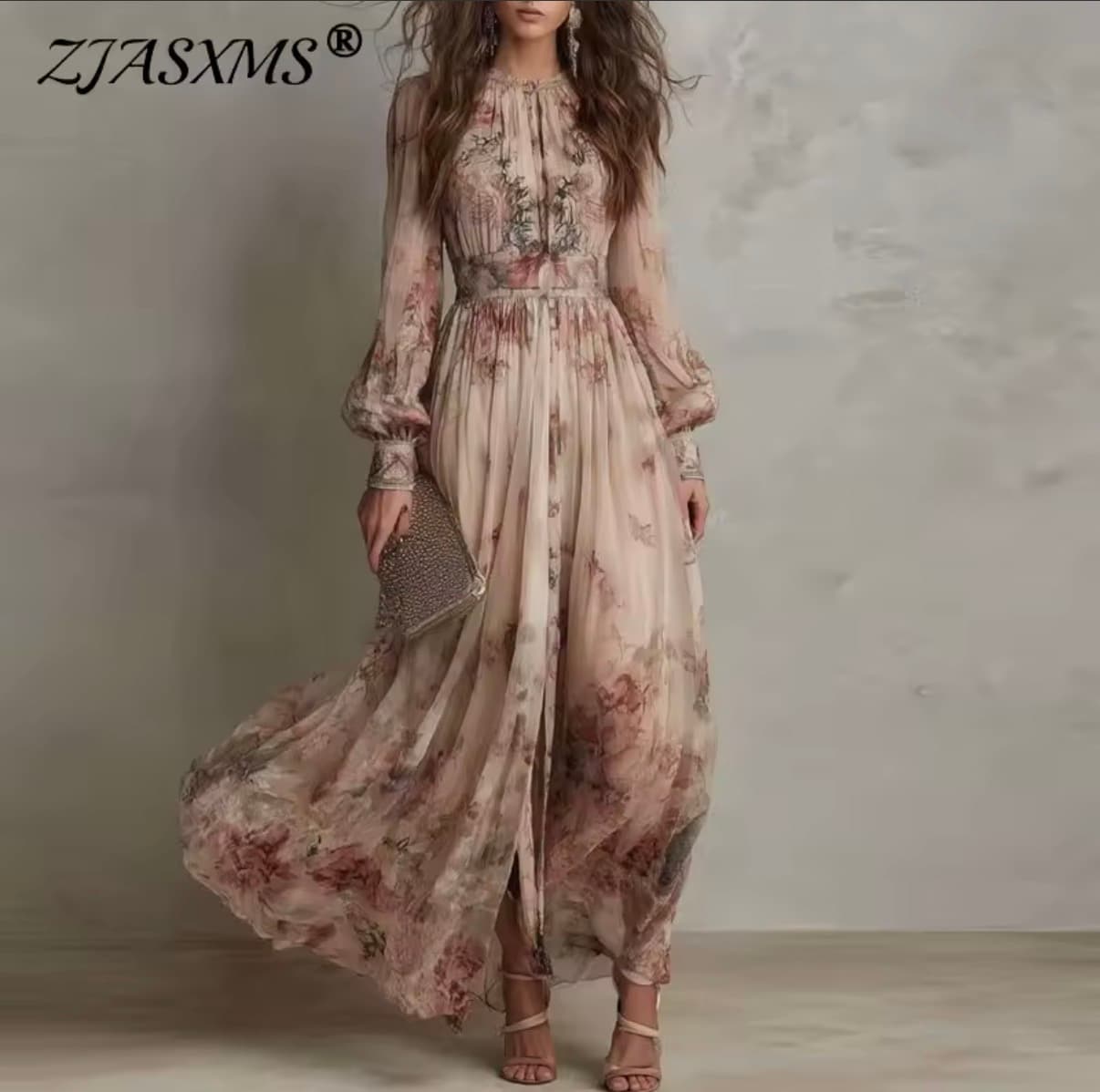 Vintage Floral Print High Waist Pleated Long Dress Woman Elegant O Neck Slim Party Dresses Spring Long Sleeve Boho Holiday Dress