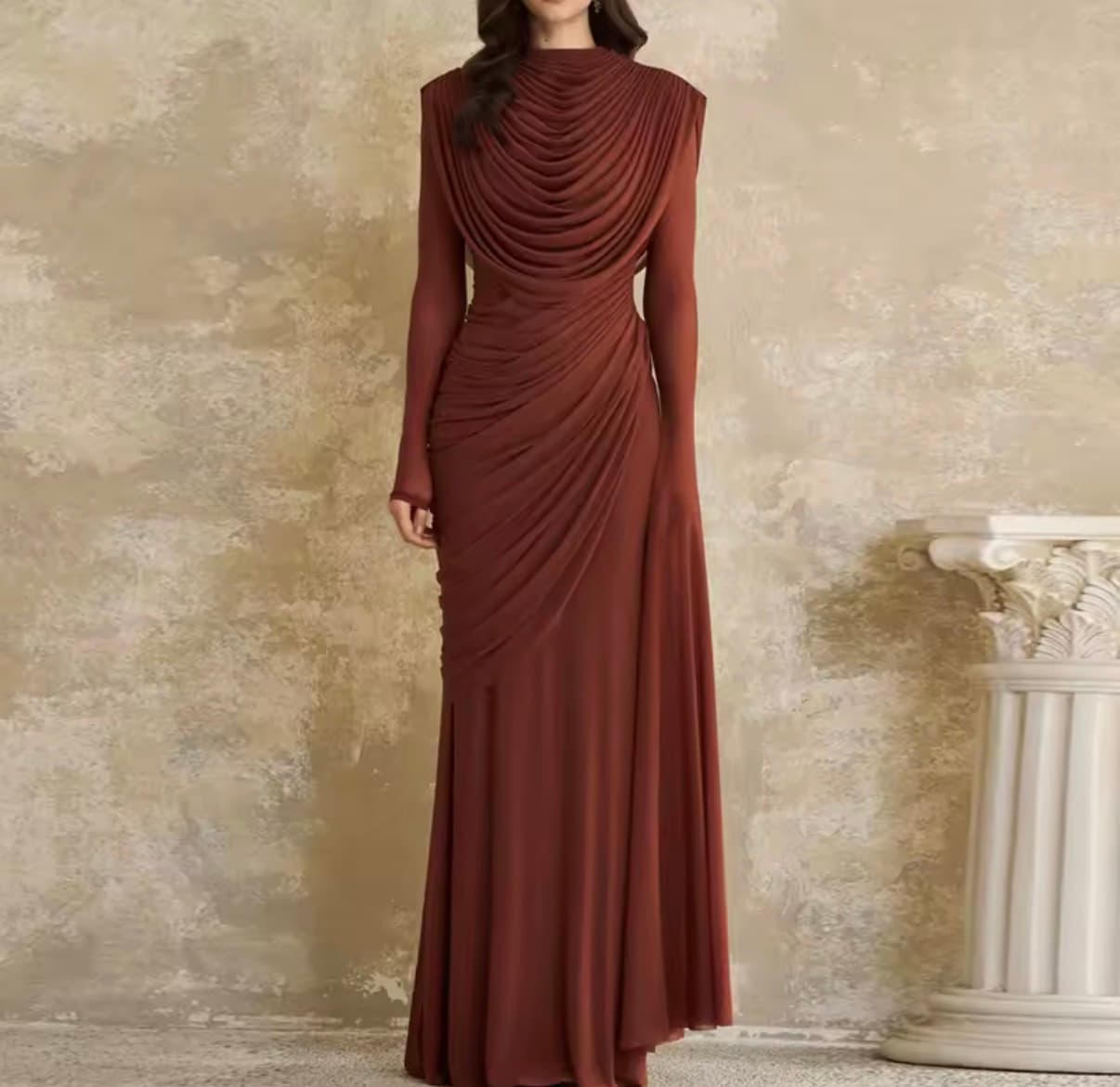 Vintage Solid Color Slim Fit Commuting Dress Casual O-neck Long Sleeved Party Dress New Temperament Pleated Women Maxi Dresses