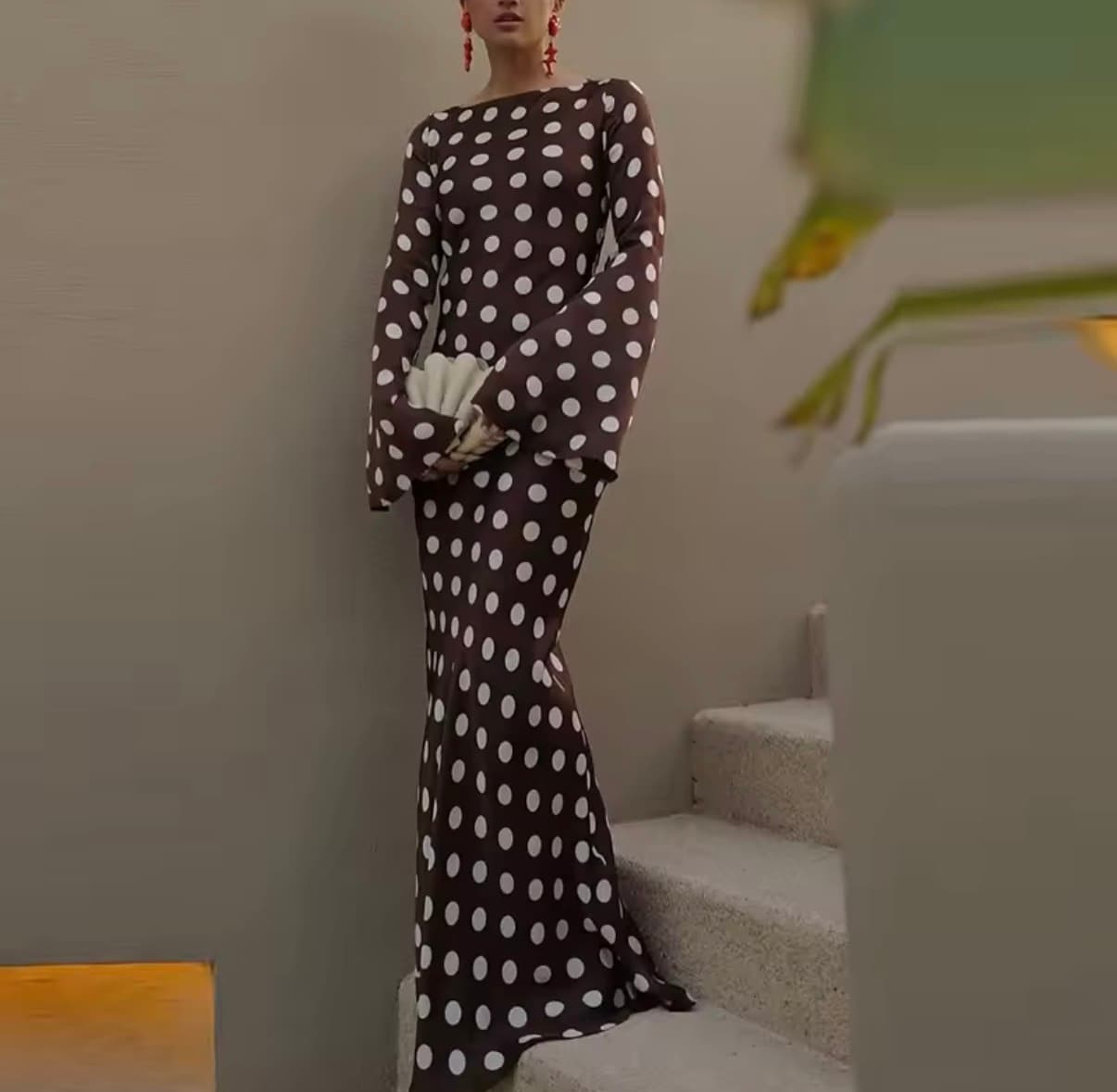 Fashion Polka Dot Print Evening Long Dress Women's Elegant O-neck Hight Waist Party Dress Casual Flared Sleeve Slim Gowns Dress