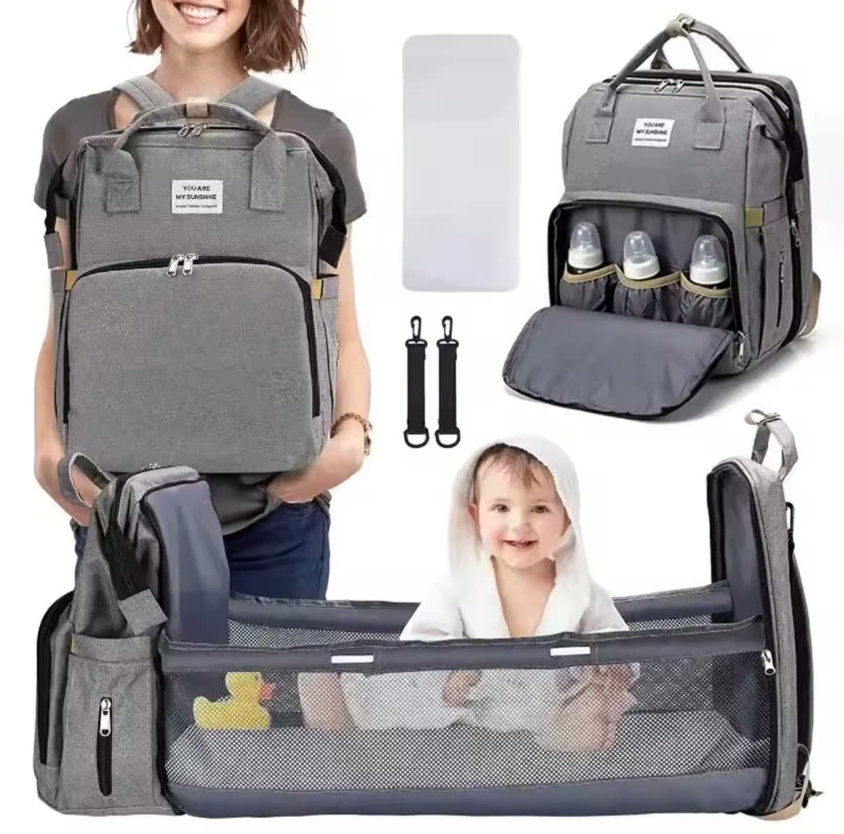 Foldable Bed Diaper Bag with Changing Station Insulated Pocket and Large Capacity Multifunctional Double Shoulder Mommy Bag