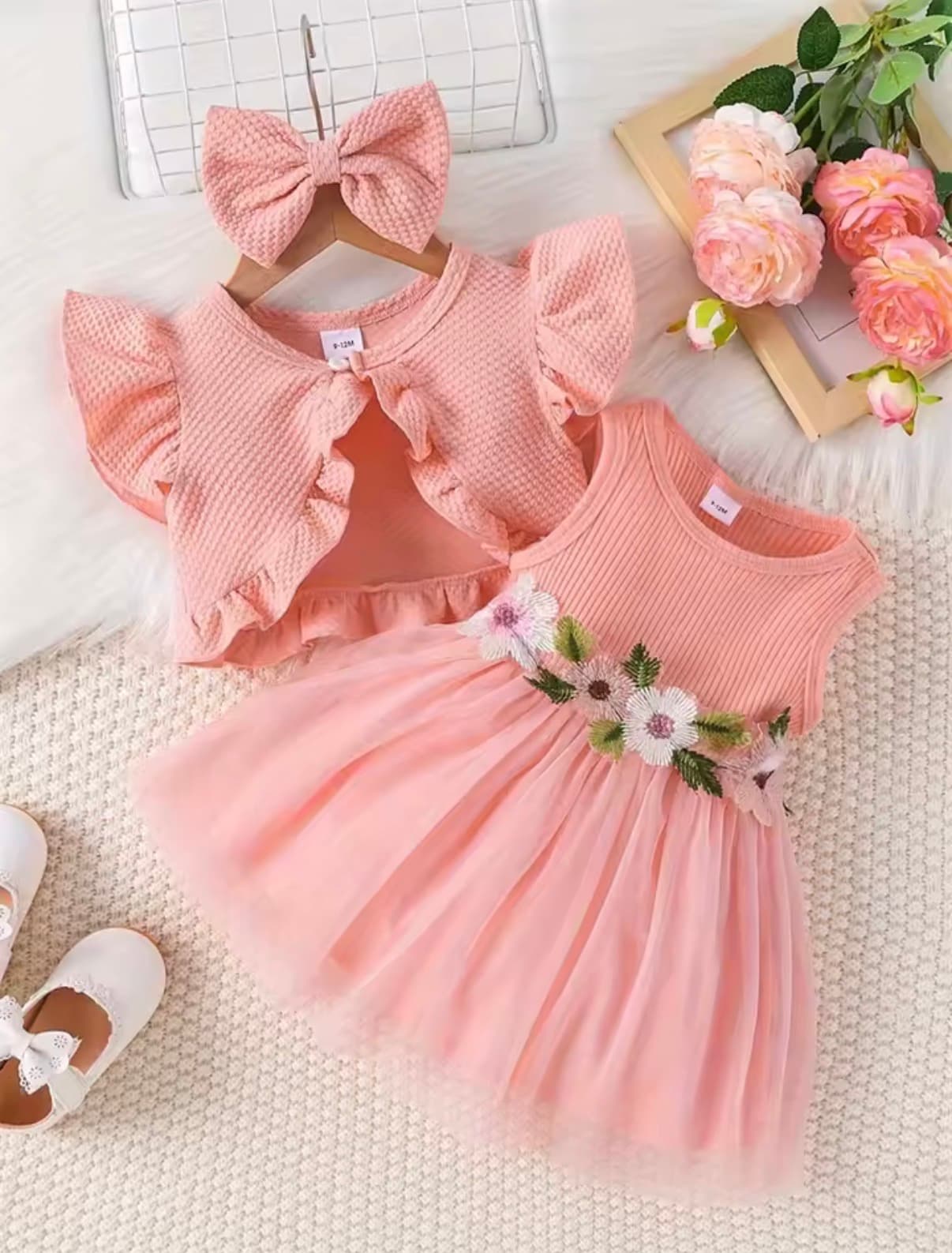 Newborn 2024 Baby Girls Dress Summer Waist Flower Vest Sleeveless Short Top Sweet Girl Lace Mesh Dress