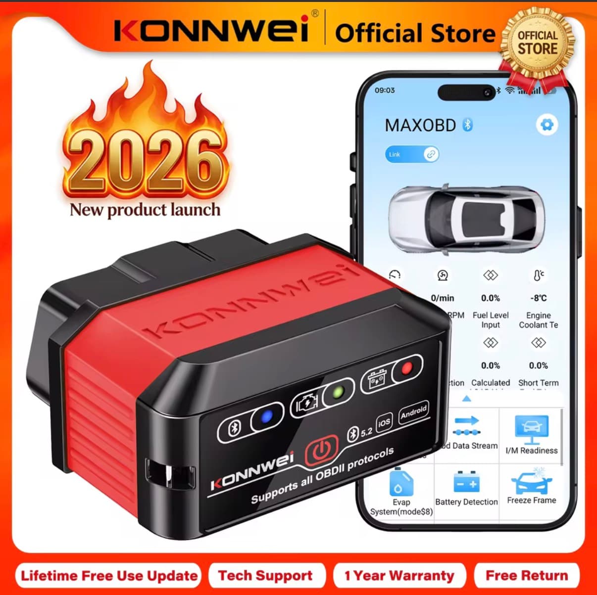 2026 KONNWEI KW905 Professional Car ELM327 OBD2 Scanner Bluetooth 5.0 for Android/IOS Code Reader Car Scanner Diagnostic Tool