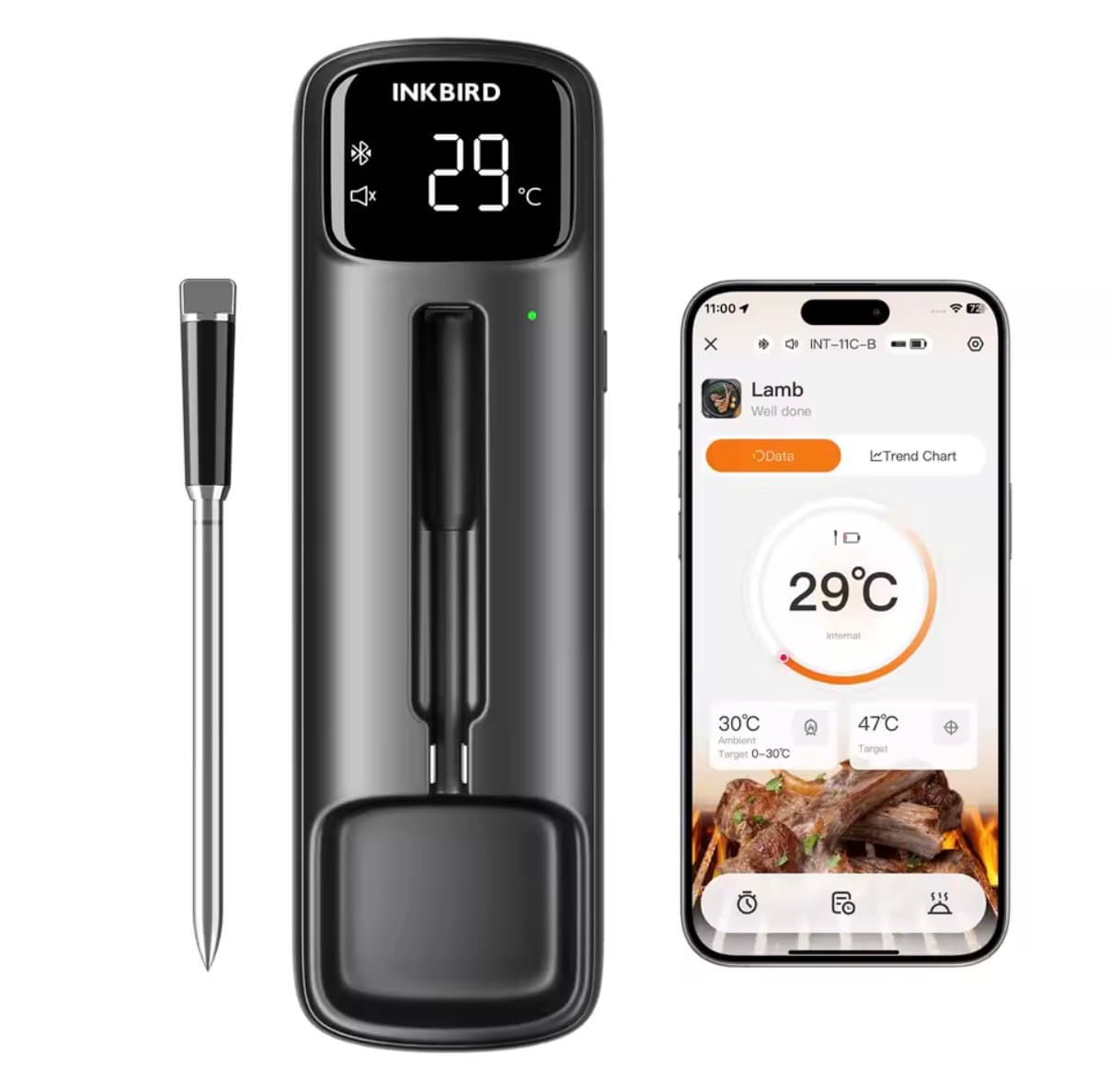 INKBIRD Wireless Dual-Sensor Bluetooth Meat Thermometer, 328ft Range, 25H Battery, IP67 Waterproof, LED Display for BBQ Smoker