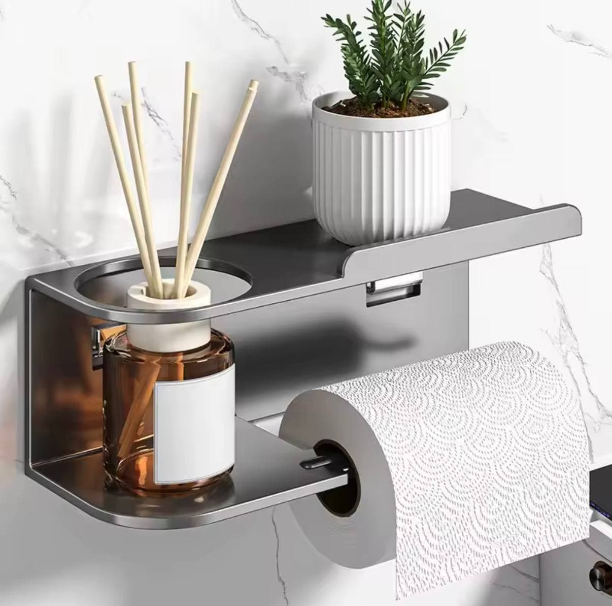 Self Adhesive Toilet Paper Holder with Phone Shelf Stainless Steel Wall Mounted Toilet Paper Roll Holder - Rustproof