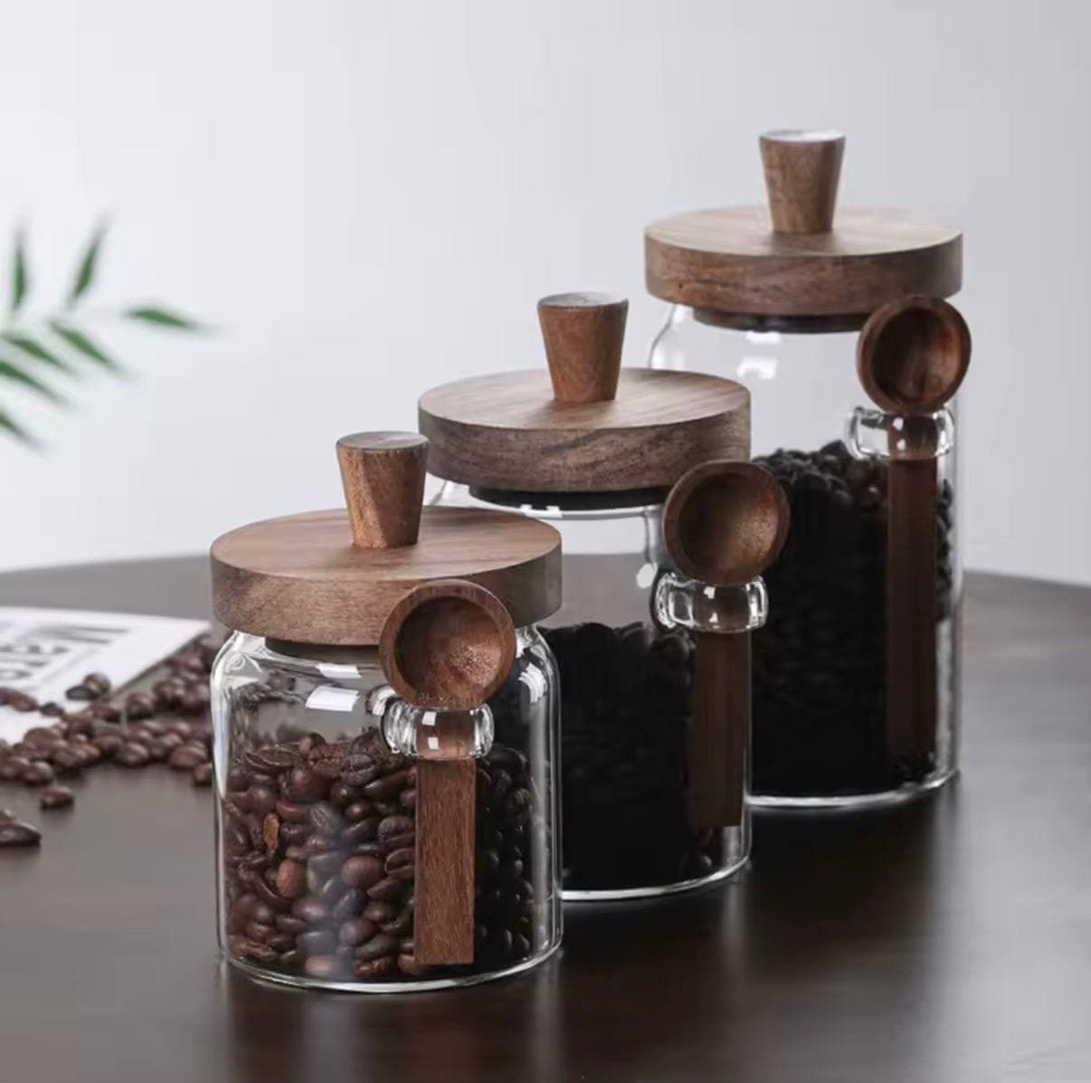 Glass Food Storage Containers with Wooden Lids and Scoop Glass Sealed Jar Airtight Food Storage Jar for Sugar Coffee Bean Candy